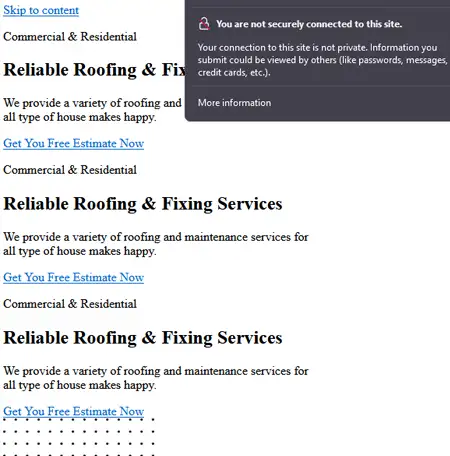 Broken roofing website. Before image.
